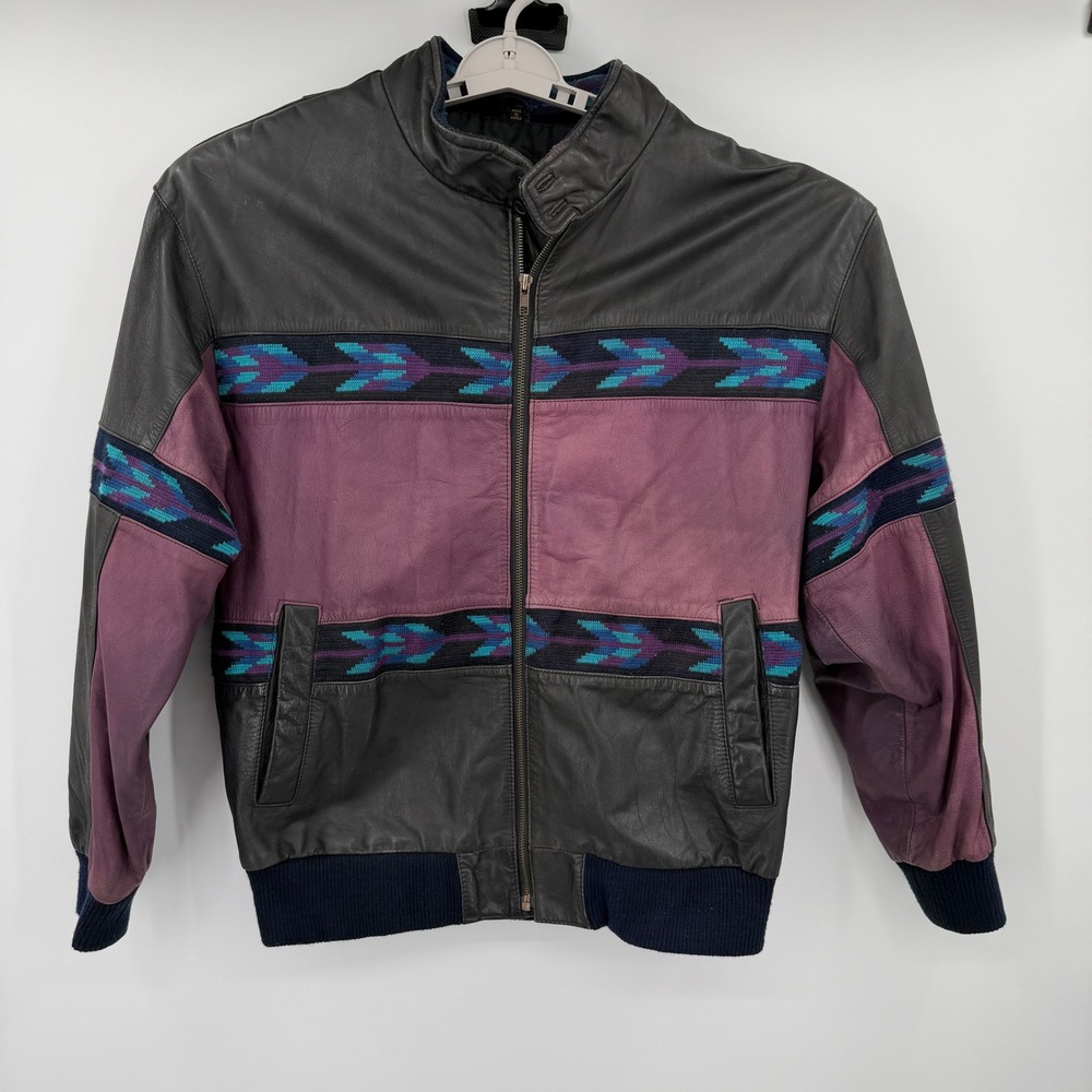 Adler Vintage Leather Bomber Jacket Purple Black Southwestern Woven Mens Large